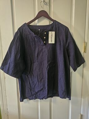 Raw Edge Navy Linen Button Henley Top - FT Garanz